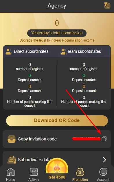 Copy the invitation link in the refer and earn program.